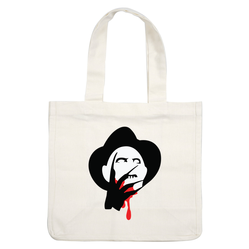 A striking graphic of a sinister figure with a hat, featuring a pale face and dripping red accents, evoking horror themes. dtf prints