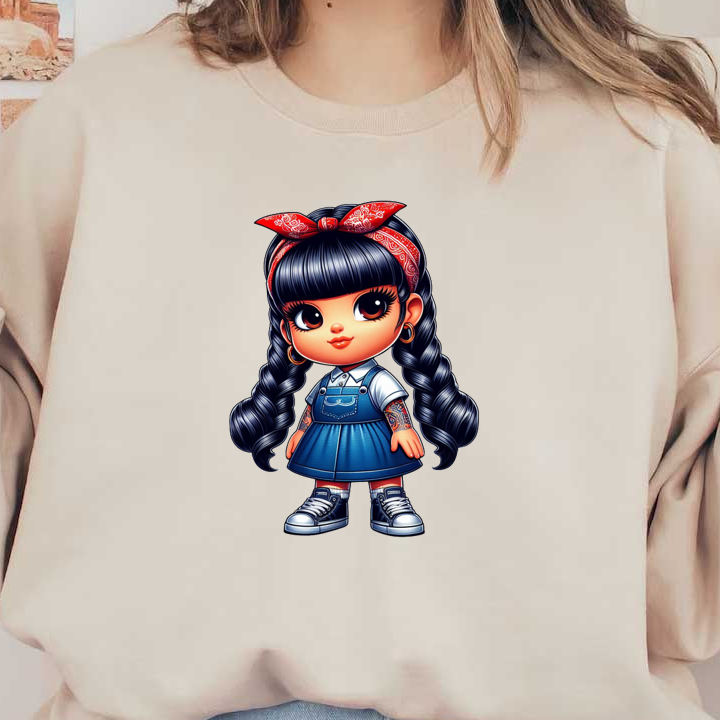 Una encantadora niña de dibujos animados con coletas, que viste un vestido de mezclilla azul, una camisa blanca y un pañuelo rojo y luce un estilo divertido.