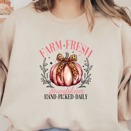 A charming illustration of a pale pumpkin adorned with a leopard-print bow, accented by the text "Farm Fresh Pumpkins."dtf regular iron