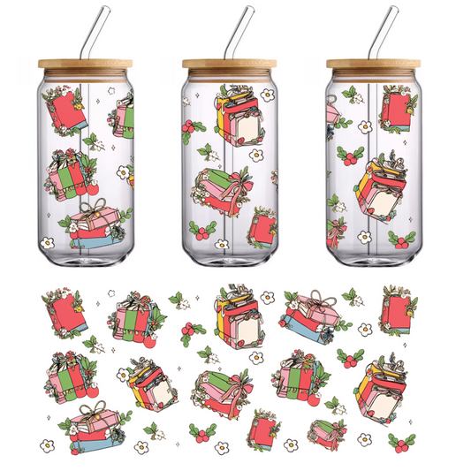 A cheerful pattern featuring colorful, decorated gift boxes adorned with ribbons, flowers, and greenery, perfect for festive occasions.UV Transfers dtf prints