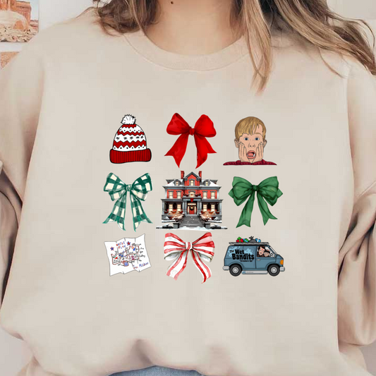 A festive collage featuring a cozy winter hat, colorful bows, a charming holiday house, and a "Wet Bandits" van, celebrating holiday cheer.DTF Transfersdtf regular iron dtf transfers