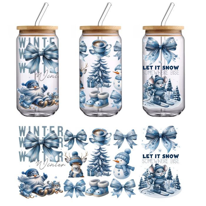 A whimsical collection of blue winter-themed illustrations featuring bows, a snowman, a bear, a Christmas tree, and a cozy Santa.UV Transfers heat press transfers