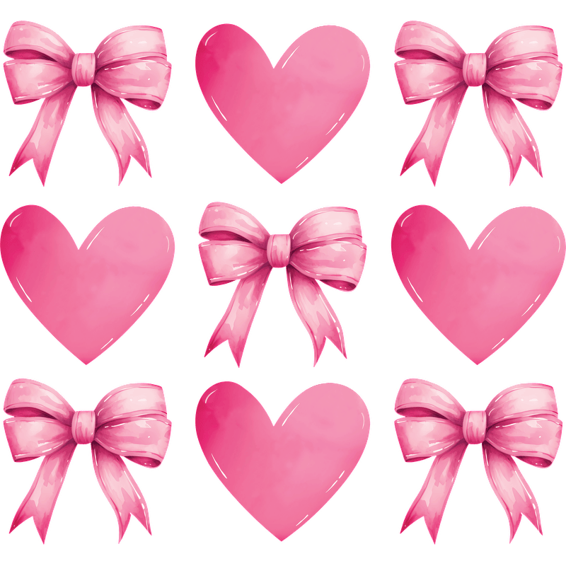 A fun arrangement of pink hearts and bows, perfect for adding a cheerful touch to any design or craft project.DTF Transfers