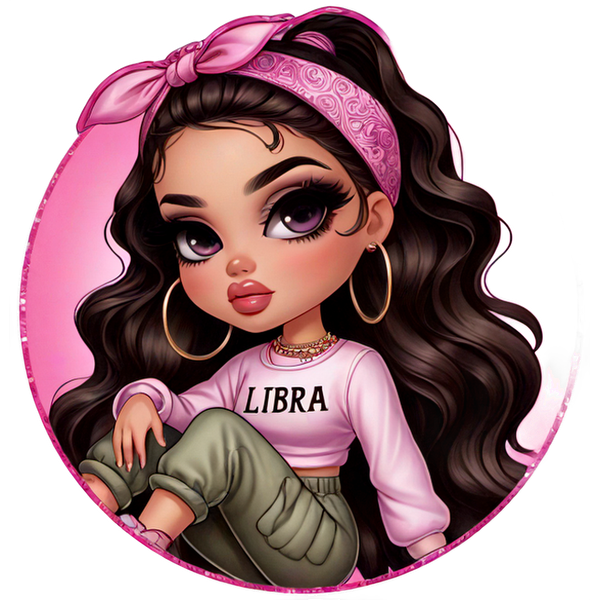 Una elegante chica de dibujos animados con cabello rizado y una diadema rosa viste una camiseta "LIBRA" y pantalones verdes de moda.