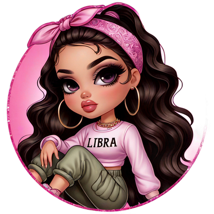 Una elegante chica de dibujos animados con cabello rizado y una diadema rosa viste una camiseta "LIBRA" y pantalones verdes de moda.