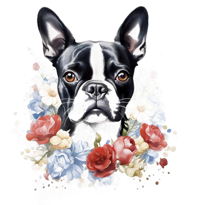 Una encantadora ilustración de un Boston Terrier en blanco y negro rodeado de un vibrante arreglo floral, que irradia personalidad y calidez.