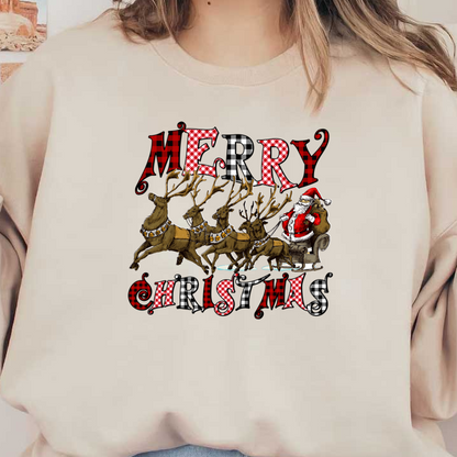 A festive design featuring Santa Claus riding in a sleigh pulled by reindeer, with "Merry Christmas" in playful, colorful text. dtf prints