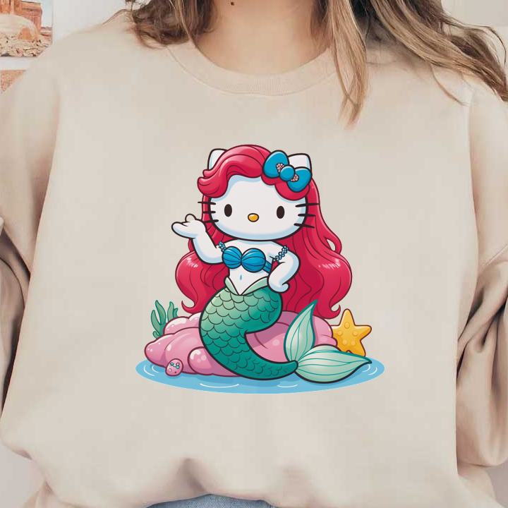 Meet Hello Kitty as a charming mermaid, adorned with a blue seashell top and vibrant red hair, resting on a pink rock.DTF Transfers dtf transfers