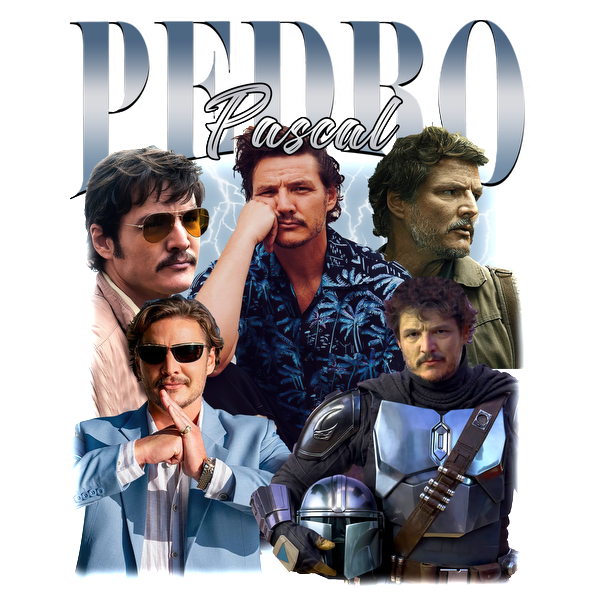 A stylish collage featuring Pedro Pascal in various iconic roles and looks, showcasing his versatile charisma and charm.DTF Transfers dtf prints