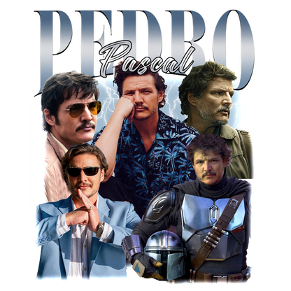 A stylish collage featuring Pedro Pascal in various iconic roles and looks, showcasing his versatile charisma and charm.DTF Transfers dtf prints