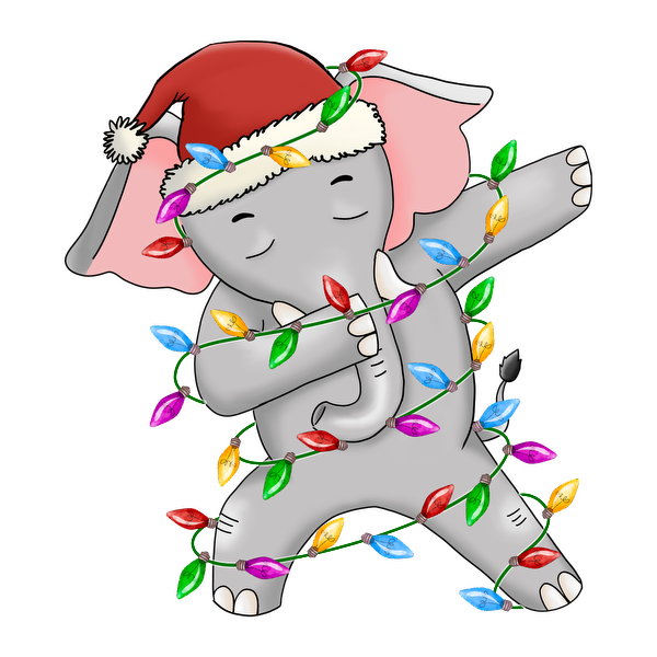 A festive cartoon elephant wearing a Santa hat, playfully wrapped in colorful Christmas lights. heat press transfers