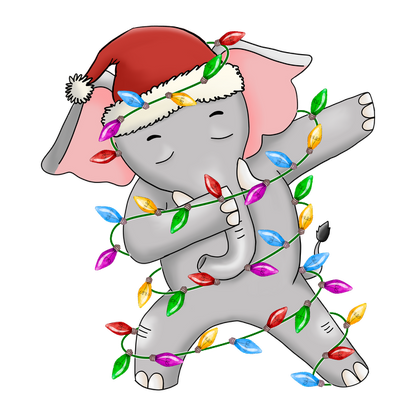 A festive cartoon elephant wearing a Santa hat, playfully wrapped in colorful Christmas lights. heat press transfers