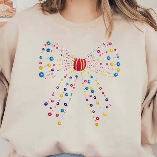 A colorful and decorative bow embellished with vibrant beads, featuring cascading strands in various shades, perfect for festive occasions. heat press transfers