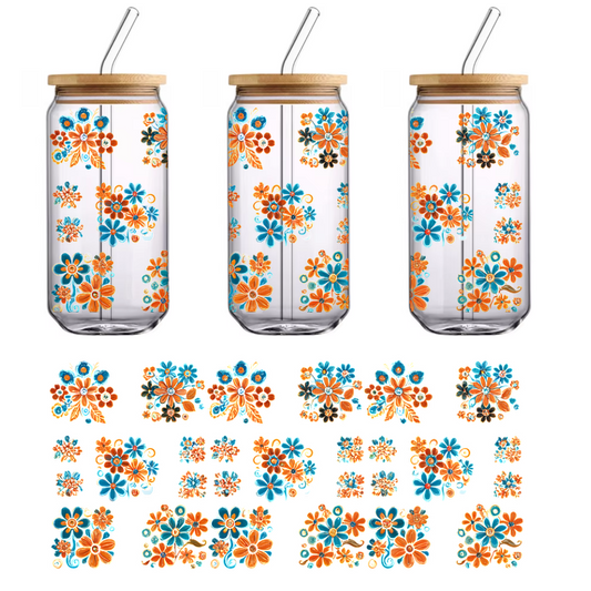 A vibrant collection of floral designs featuring orange and blue flowers, perfect for decorative or crafting projects.UV Transfers dtf prints