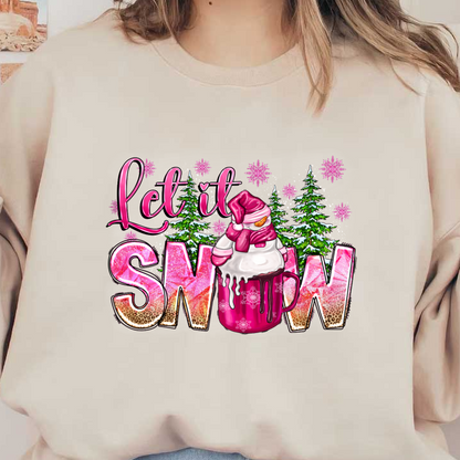 Cozy winter-themed graphic featuring a cute snowman in a pink hat with a festive "Let it Snow" message.DTF Transfers dtf transfers