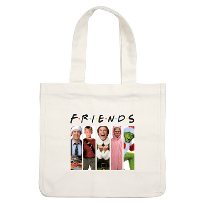 A fun collage featuring characters in festive attire from popular holiday-themed shows, celebrating friendship and holiday spirit.DTF Transfers heat press transfersdtf regular iron