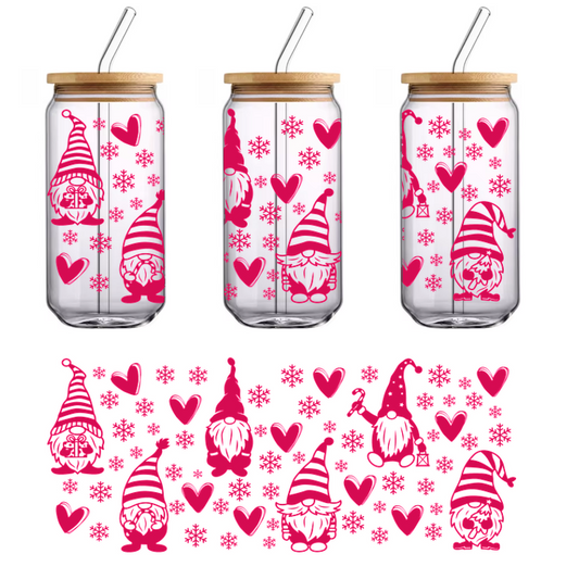 A colorful illustration featuring cheerful gnomes in festive hats surrounded by hearts and snowflakes, perfect for winter decor.UV Transfers dtf transfers