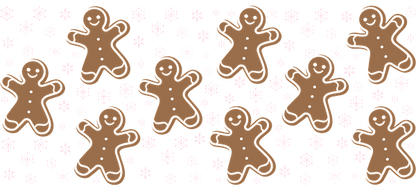 A cheerful pattern of gingerbread men, embellished with white snowflakes, perfect for festive decorations or holiday-themed designs.UV Transfersdtf regular iron