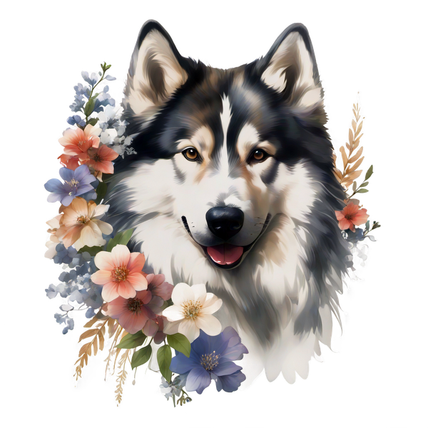 Un hermoso lobo sonriente rodeado de una variedad de flores coloridas, capturando una mezcla de elegancia de la naturaleza y encanto salvaje.