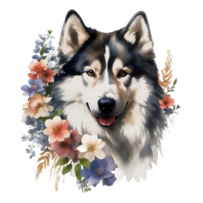 Un hermoso lobo sonriente rodeado de una variedad de flores coloridas, capturando una mezcla de elegancia de la naturaleza y encanto salvaje.