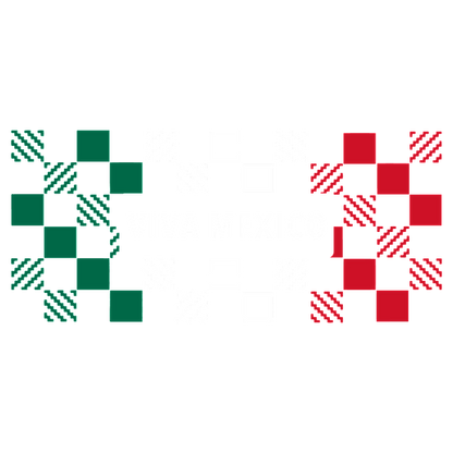 Celebre a México con este diseño vibrante que presenta patrones verdes, blancos y rojos y un texto en negrita que dice "Viva México".