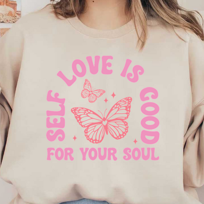 Un diseño vibrante y estimulante que presenta mariposas con el texto "El amor propio es bueno para tu alma" en un rosa divertido.