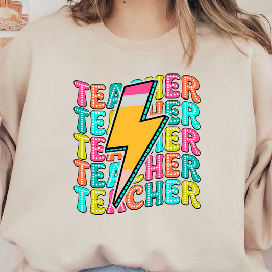 Bright and colorful "Teacher" graphic featuring a bold lightning bolt design, perfect for celebrating educators' impact and energy!DTF Transfers