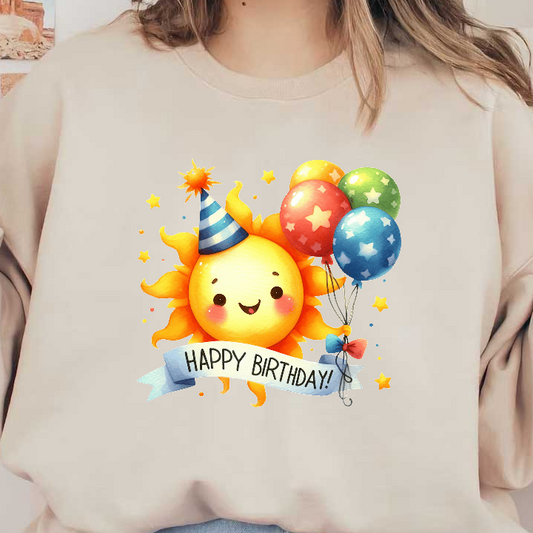 Celebrate with this cheerful cartoon sun wearing a party hat, holding colorful balloons, and wishing you a "Happy Birthday!"DTF Transfers