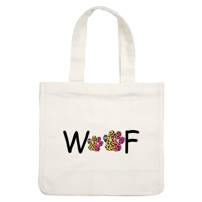 Colorful "Woof" design featuring vibrant, leopard-print paw prints, perfect for celebrating pet love and individuality!DTF Transfers heat press transfers