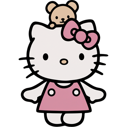 Cute illustration of Hello Kitty in a pink dress, adorned with a bow, with a small bear perched on her head.DTF Transfers heat press transfers