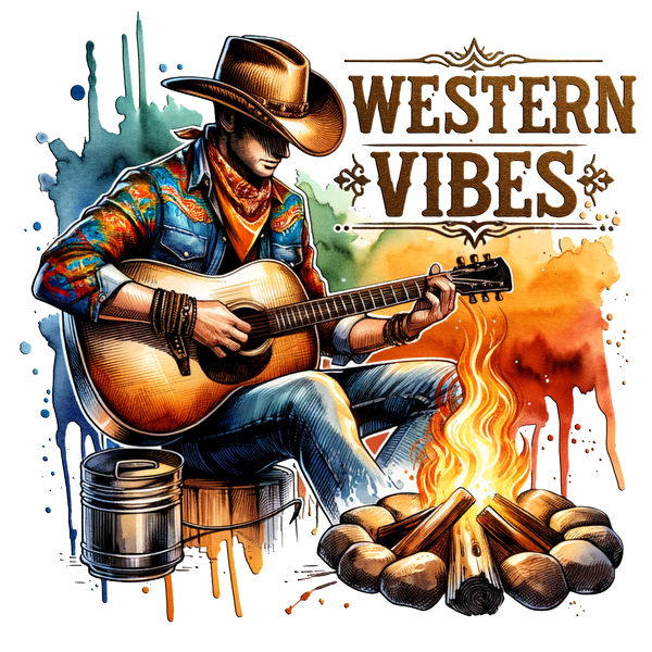 Un vaquero tocando la guitarra junto a una fogata encarna la esencia del estilo western con un toque colorido y artístico.