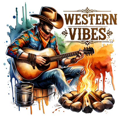 Un vaquero tocando la guitarra junto a una fogata encarna la esencia del estilo western con un toque colorido y artístico.