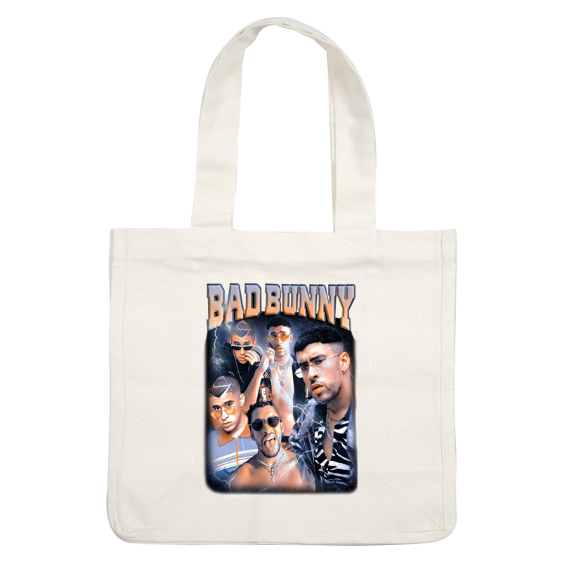 Bold graphic shirt featuring multiple images of Bad Bunny, showcasing his signature style and dynamic expressions against a vivid background.DTF Transfers dtf transfers