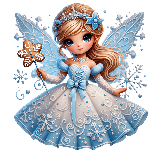 This enchanting fairy in a detailed blue and white dress, adorned with snowflakes, holds a gingerbread cookie and wands.DTF Transfers