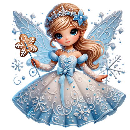 This enchanting fairy in a detailed blue and white dress, adorned with snowflakes, holds a gingerbread cookie and wands.DTF Transfers