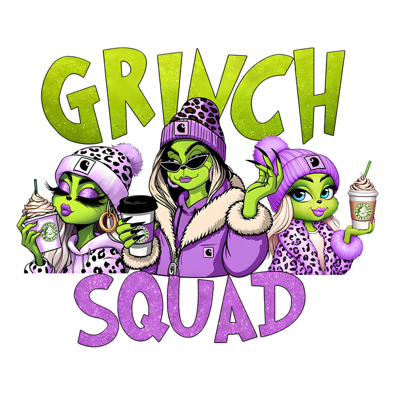 A vibrant graphic featuring stylish green alien characters in cozy winter outfits, celebrating the "Grinch Squad" theme with festive drinks.DTF Transfers dtf prints