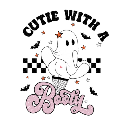 Playful ghost illustration with a cheeky pose, featuring a fishnet pattern and the fun slogan "Booty" in pink. dtf prints