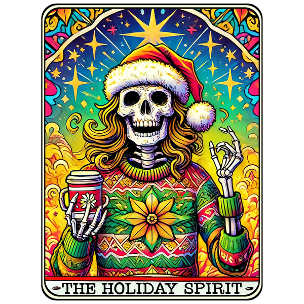 A vibrant, festive skeleton character in a cozy holiday sweater and Santa hat, holding a festive cup with colorful background. dtf transfers