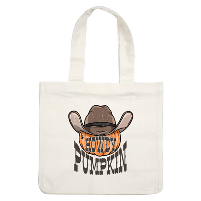 A whimsical design featuring a cowboy hat above a playful pumpkin with the words "Howdy Pumpkin" in bold lettering.dtf regular iron