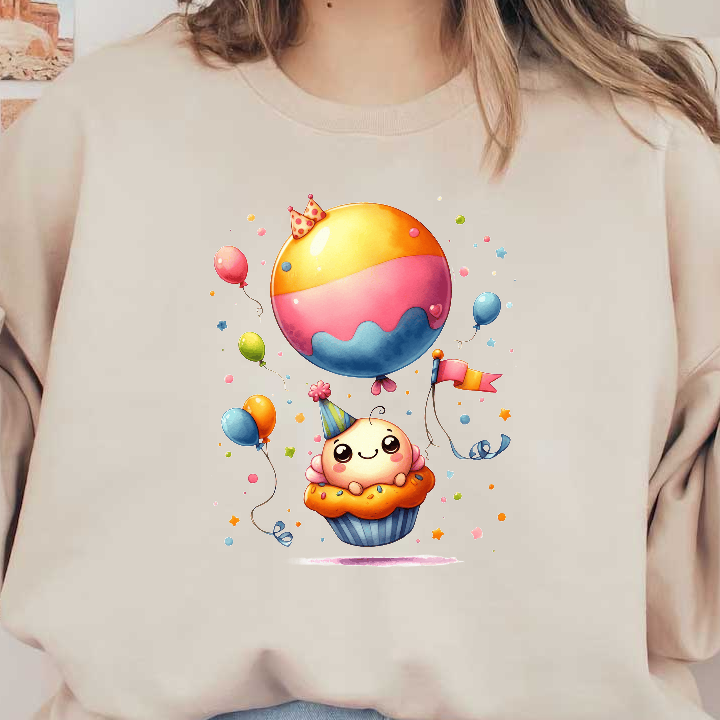 A cheerful cupcake character wearing a party hat is floating with colorful balloons, creating a festive and whimsical atmosphere.DTF Transfers