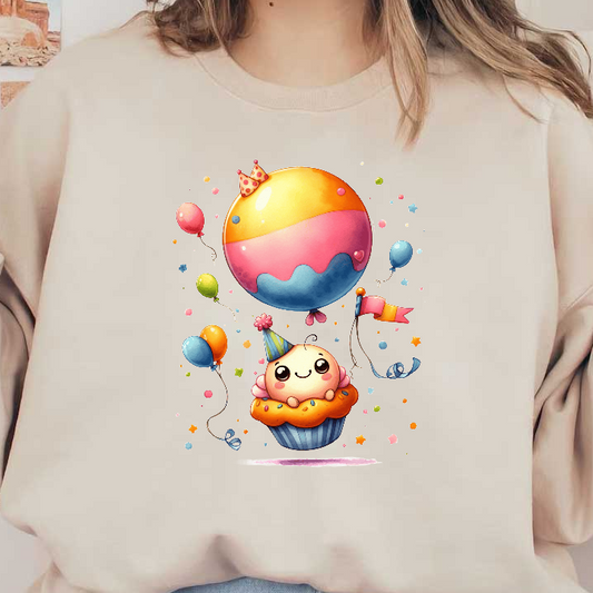 A cheerful cupcake character wearing a party hat is floating with colorful balloons, creating a festive and whimsical atmosphere.DTF Transfers