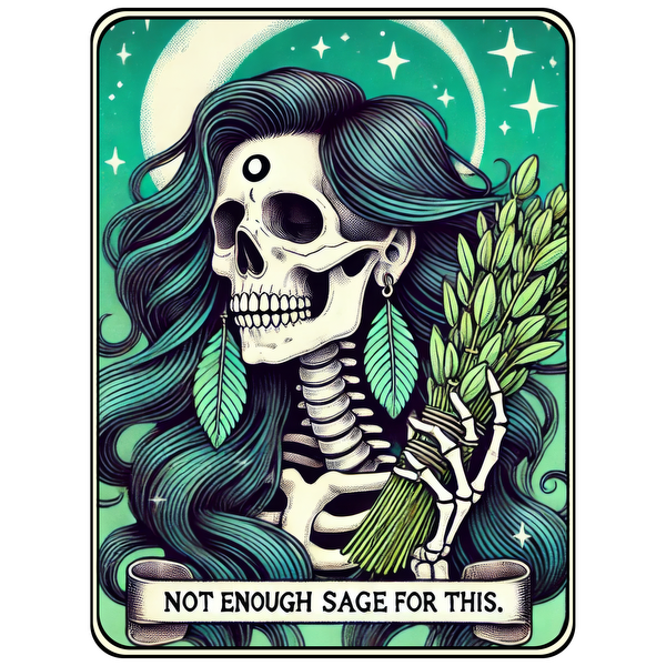 A whimsical illustration features a skeleton with flowing hair, holding sage, surrounded by stars and a crescent moon.dtf regular iron