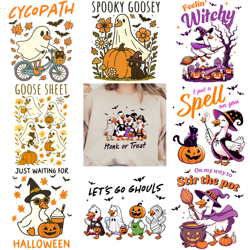 Adorable Halloween-themed sweatshirt featuring festive geese in charming costumes!DTF Transfers