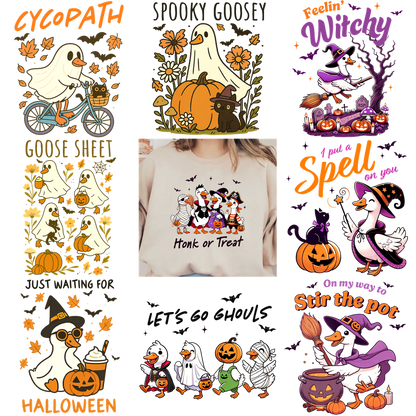 Adorable Halloween-themed sweatshirt featuring festive geese in charming costumes!DTF Transfers