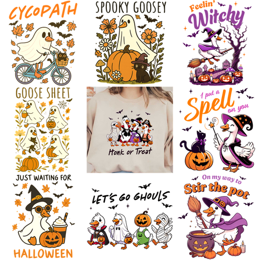 Adorable Halloween-themed sweatshirt featuring festive geese in charming costumes!DTF Transfers