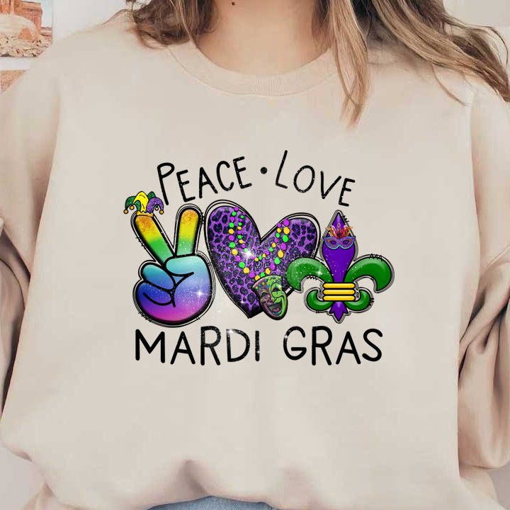 Celebrate Mardi Gras with vibrant artwork featuring a peace sign, a leopard-print heart, beads, and festive symbols!DTF Transfers