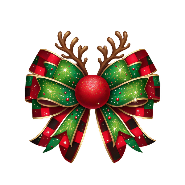 A festive Christmas bow featuring green and red ribbons with star patterns, topped with a red ball and reindeer antlers. heat press transfers