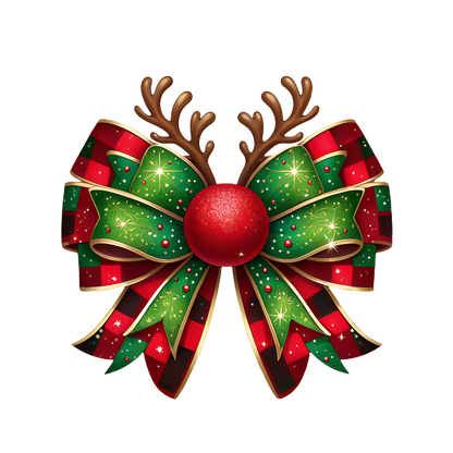 A festive Christmas bow featuring green and red ribbons with star patterns, topped with a red ball and reindeer antlers. heat press transfers