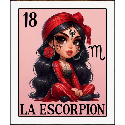 Una elegante ilustración de La Escorpión, que presenta a una niña con un traje rojo vibrante con tatuajes intrincados y rasgos expresivos.