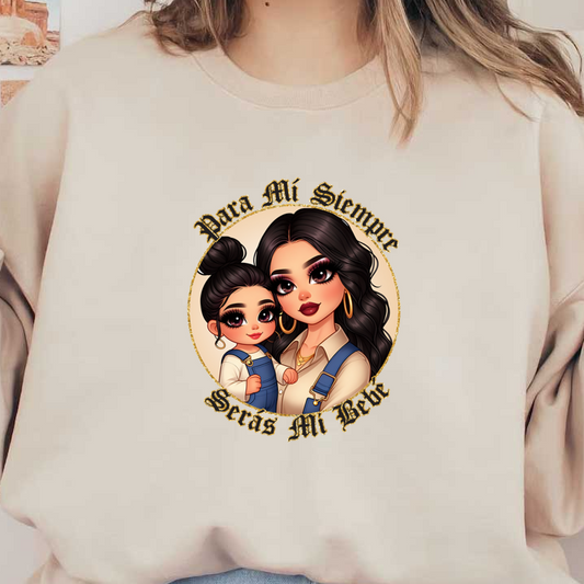 A charming illustration of a mother and daughter duo, featuring stylish outfits and the phrase "Para Mi Siempre, Serás Mi Babe." dtf transfers
